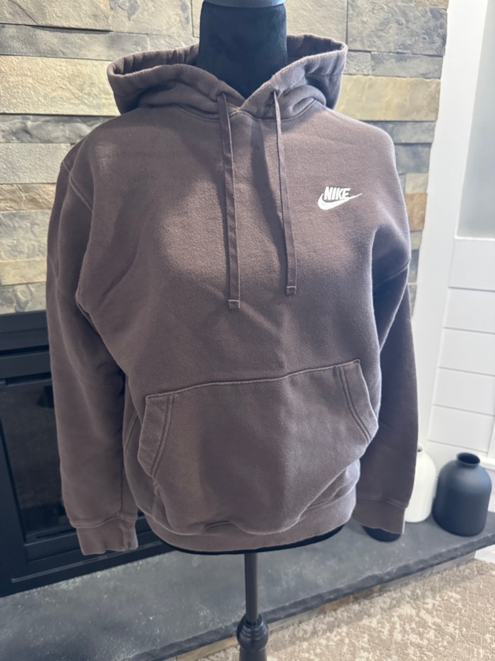 Nike Men's Chocolate Brown Crewneck Hoodie with White Swoosh